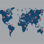 A world map vector graphic illustrating a global network of hospitals abroad, featuring multiple red location pin icons connected by dotted flight route lines across the continents.