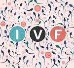 Medical illustration featuring IVF letters surrounded by artistic representations of egg fertilization and sperm cells