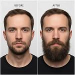 Before and after comparison photos of a man showing natural facial hair growth results following a mustache transplant procedure