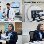 Modern 3 Tesla MRI scanner in a modern, pristine Egyptian radiology center with digital display monitors.