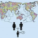 Infographic illustration of a world map featuring colorful genetic markers and migration paths, connected to symbols of two parents and a child, representing the tracing of ancestry and deep geographic roots through DNA.