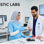 Laboratory technician monitoring automated robotics and blood sample analysis machines in an accredited Egyptian diagnostic lab.