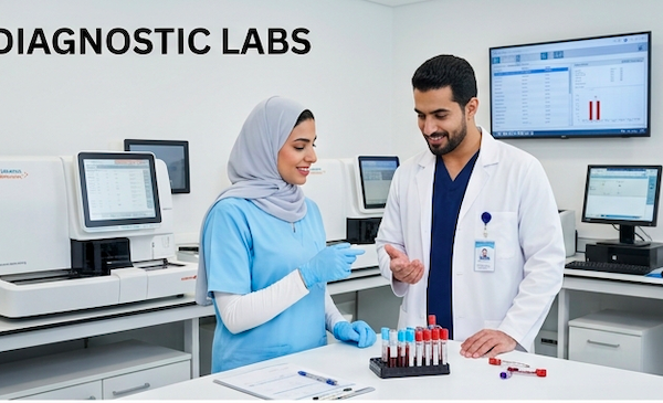 Laboratory technician monitoring automated robotics and blood sample analysis machines in an accredited Egyptian diagnostic lab.
