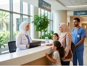موظفة استقبال بزي طبي تستقبل أماً مع طفليها عند مكتب الاستقبال في مستشفى، مع وجود ممرض يقف في الخلفية بجانب لوحة إرشادية مكتوب عليها "استقبال" و"طوارئ".