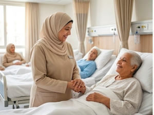 ممرضة ترتدي زياً بيج محتشماً تمسك يد مريضة مسنة مستلقية على سرير المستشفى وتبتسم لها بلطف.