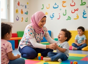 ممرضة ترتدي ملابس العمل وتجلس على الأرض لتلعب مع مجموعة من الأطفال الصغار في غرفة ملونة مزينة بحروف اللغة العربية.