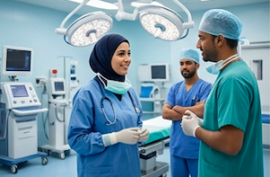 ثلاثة من أفراد الطاقم الطبي يرتدون ملابس الجراحة يتناقشون في غرفة عمليات مجهزة تقنياً بأجهزة المراقبة والإضاءة الجراحية.
