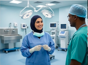 طبيبة وطبيب يرتديان ملابس الجراحة داخل غرفة عمليات مجهزة تقنياً، مما يعكس بيئة العمل السريرية الاحترافية.