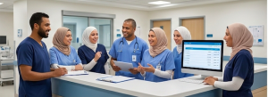 كوادر طبية تعمل معاً في مكتب استقبال طبي، وتستخدم أنظمة رقمية لإدارة سجلات وبيانات المرضى بكفاءة.
