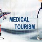 A professional medical tourism graphic featuring a stethoscope, a medical kit, a globe, and an airplane, symbolizing international healthcare travel and global access to specialized surgical services.