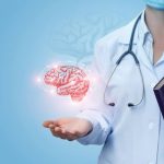 A professional neurologist in a white coat and stethoscope holding a medical folder, with a holographic 3D model of a human brain floating above their hand to represent specialized neurological care.